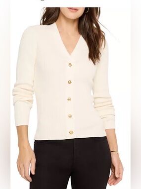 NIC+ZOE Cream V-Neck Ribbed Toggle Sweater